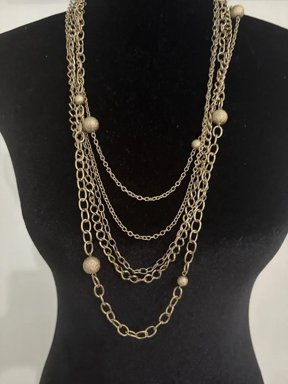 Women's Fashion Multi Strand Gold Tone Ball Chain Long Necklace with Lobster